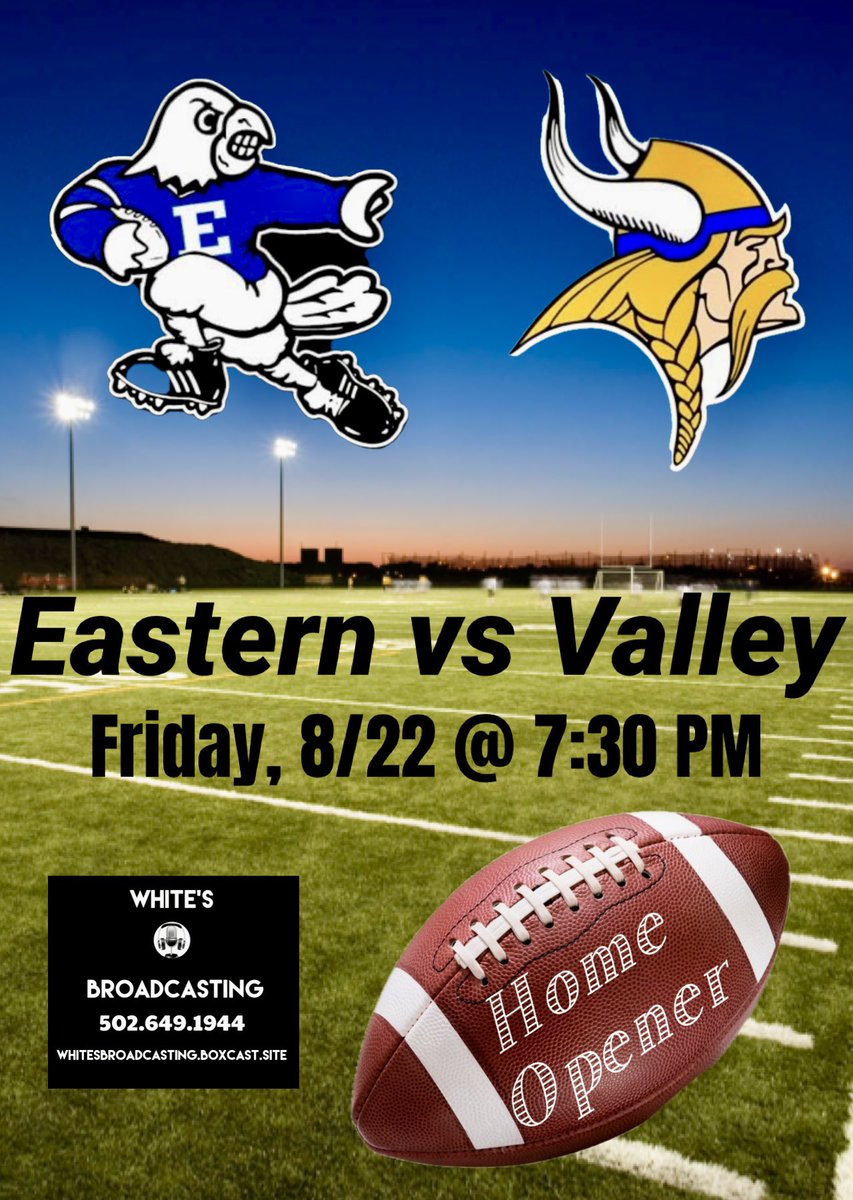 Join White’s Broadcasting Friday, 8/22 at 7:30 PM for the HOME OPENER for the Eastern Eagles!!  🏈🏈<a href="/CoachWhite1944/">William White</a> <a href="/Coachmorton23/">Adrian Morton</a> <a href="/eaglesfb/">🏈Eastern High School Football</a> <a href="/athleticsEHS/">Eastern Athletics</a> #SoarEagles #FridayNightLights 

boxcast.tv/view/eastern-v…