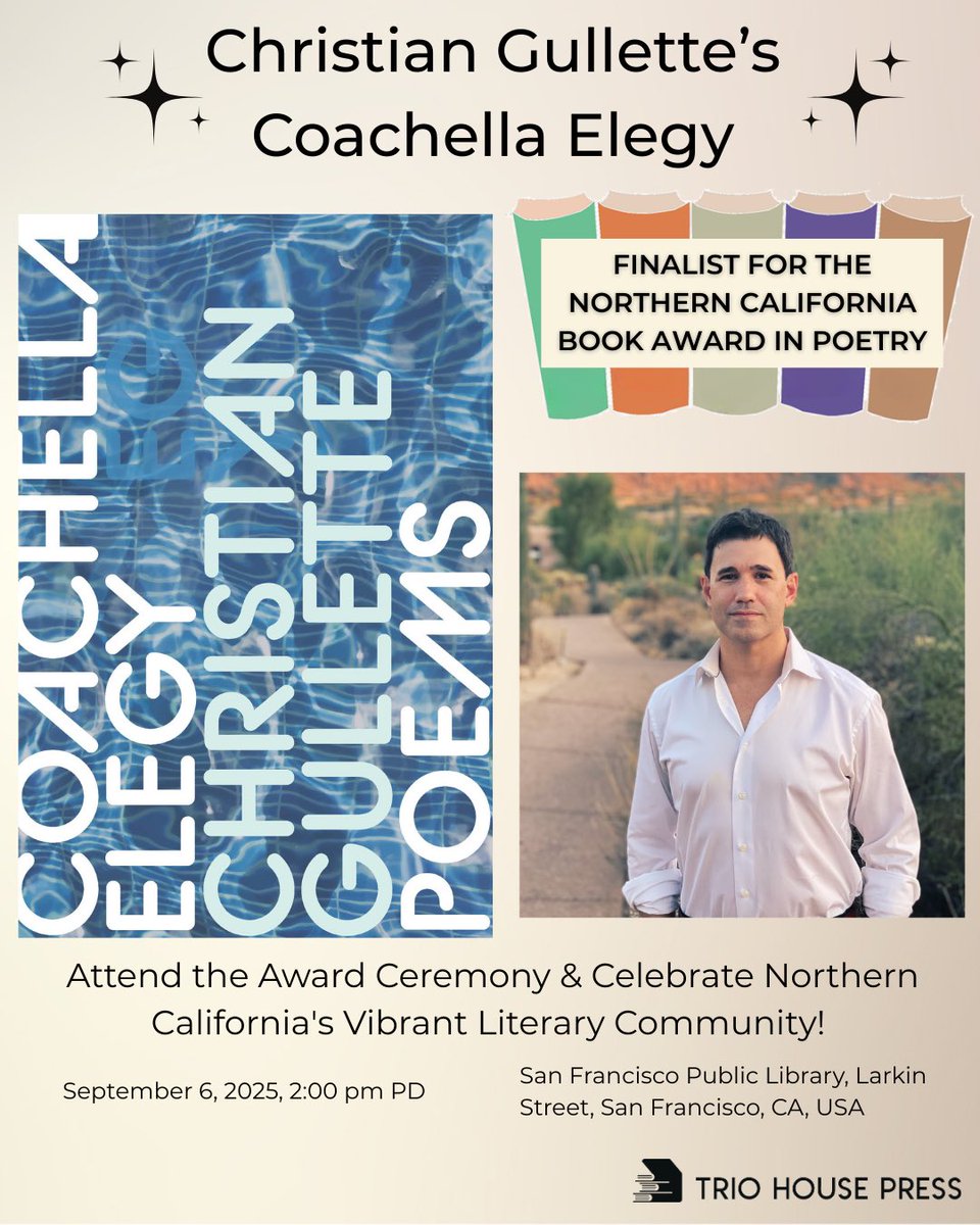 Trio House Press (@triohousepress) on Twitter photo Coachella Elegy by <a href="/ChrisGullette_/">Christian Gullette</a> is a finalist for The Northern California Book Award in Poetry! Congratulations to Christian and the other finalists!
poetryflash.org/programs/?p=nc… Coachella Elegy by <a href="/ChrisGullette_/">Christian Gullette</a> is a finalist for The Northern California Book Award in Poetry! Congratulations to Christian and the other finalists!
poetryflash.org/programs/?p=nc…