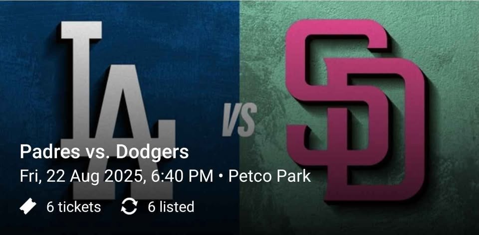 ogmichelangelo's tweet photo. #PadresTwitter Selling my season seats, 6 tickets total to the Friday 8/22 @Dodgers v @Padres series opener. Sadly can't make it anymore. 
$155/ea; all for $900; OBO. Section 304, Row 18. Save on Ticketmaster fees, digital transfer, 92101 area
#LFGSD #BringTheGold #FriarFaithful https://t.co/68PDSY1mJy