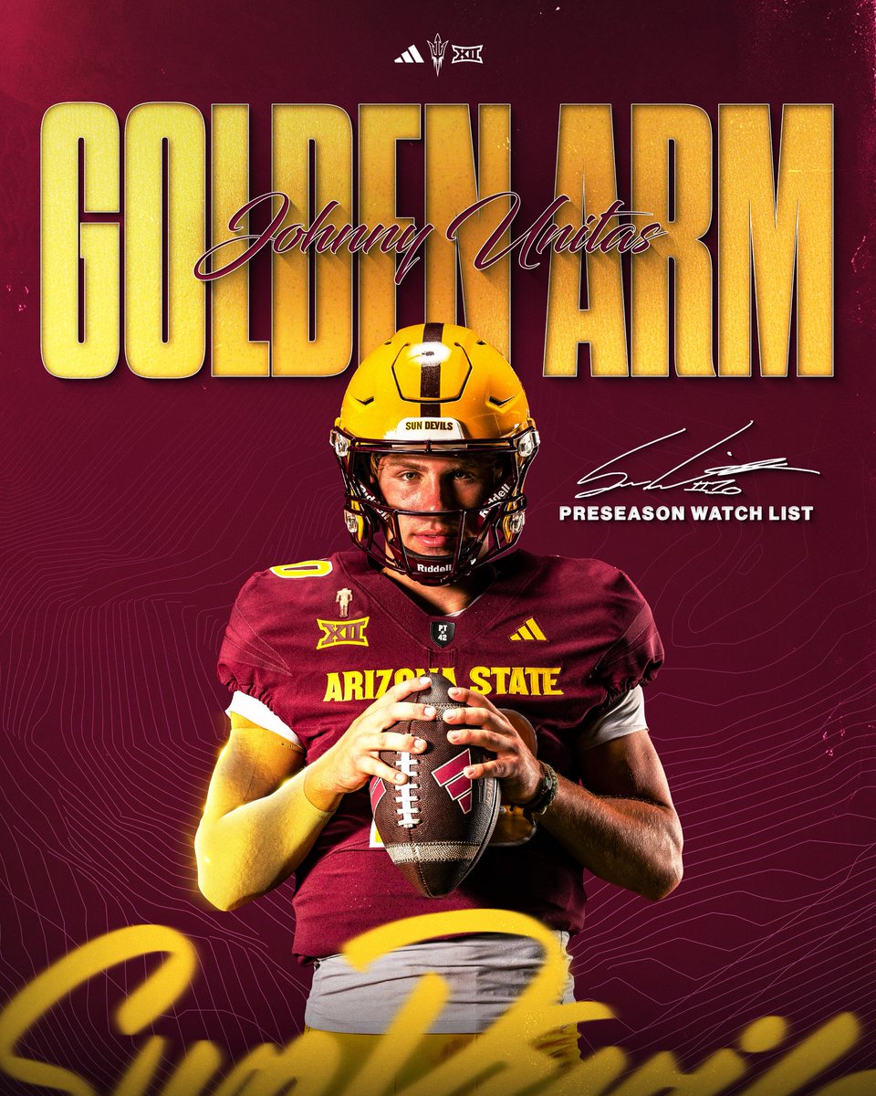 ASUFootball's tweet photo. Golden Arm 💪

Sam Leavitt named to the @GoldenArmAward watch list!

#ForksUp /// @S_leav10 https://t.co/A0YreViPht