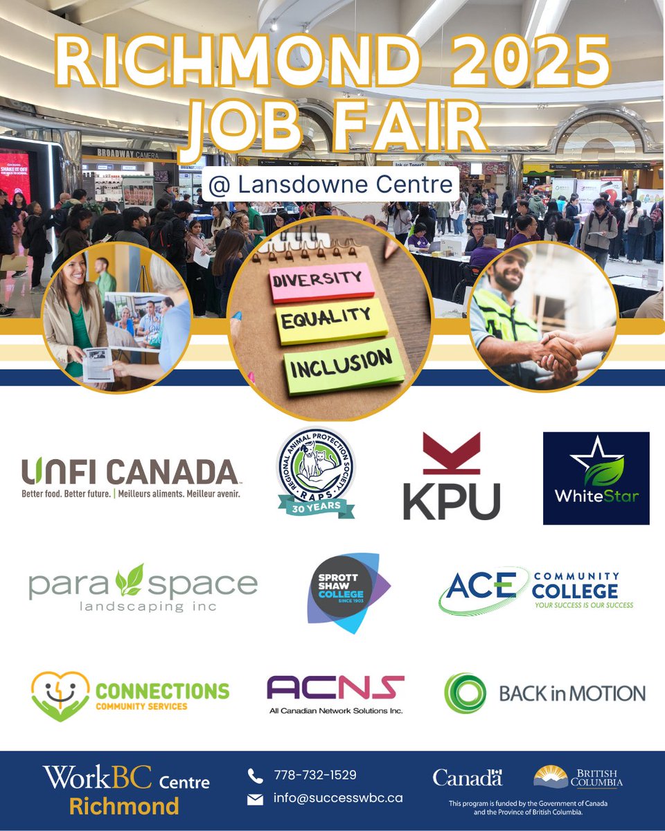 📷 Ready to take the next step in your career?
The Richmond 2025 Job Fair at Lansdowne Centre Richmond is just around the corner, and we've updated our list of exciting exhibitors!

#JobFair #NowHiring #CareerGrowth #InclusiveHiring #Networking #RichmondBC #workbccentrerichmond