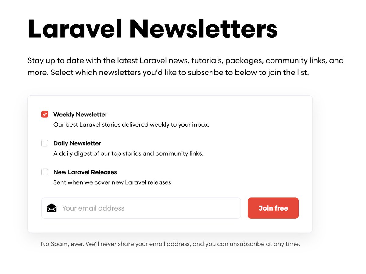 laravelnews's tweet image. We now have a new &quot;Laravel Releases&quot; newsletter. Sign up, and you&apos;ll receive an email whenever new releases are available. (usually once a week) laravel-news.com/newsletters