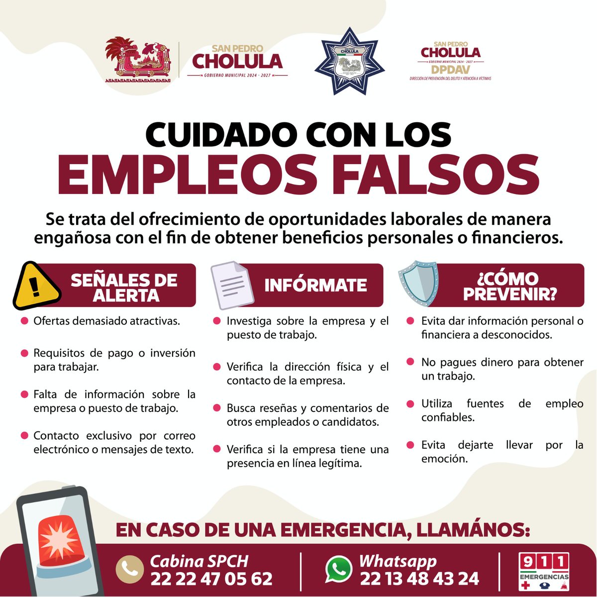 #LaPrevenciónEsClave

En la SSC Cholula queremos que estés segur@,  por eso te compartimos estas recomendaciones para evitar caer en vacantes que pueden ser una trampa.

📞Ante cualquier duda o situación inusual, reporta al 22 22 47 05 62

La seguridad empieza con la prevención.