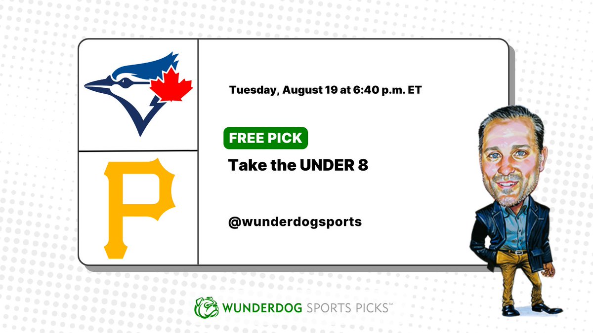 WunderdogSports's tweet photo. ⚾️ Tuesday's free MLB pick is up! 

Toronto Blue Jays (971) @ Pittsburgh Pirates (972)
Tuesday 8/19 6:40 PM Eastern

Toronto's Max Scherzer is holding batters to a .229 average. He's come on strong of late, allowing one, two, and one run in his last three starts (19 innings).

🔥 Mad Max is 5-2 with a 2.79 ERA in 14 career appearances against the @Pirates. 

He faces a Pittsburgh offense that is last in scoring, 26th in on-base percentage, and last in the majors in slugging.

Mitch Keller has a 3.89 ERA at home and has allowed six total runs in his previous four home starts (18+ innings). The Pirates are on a 24-15-2 run UNDER the total.

Take Toronto/Pittsburgh to stay UNDER. 

#FreePicks #MLBPicks