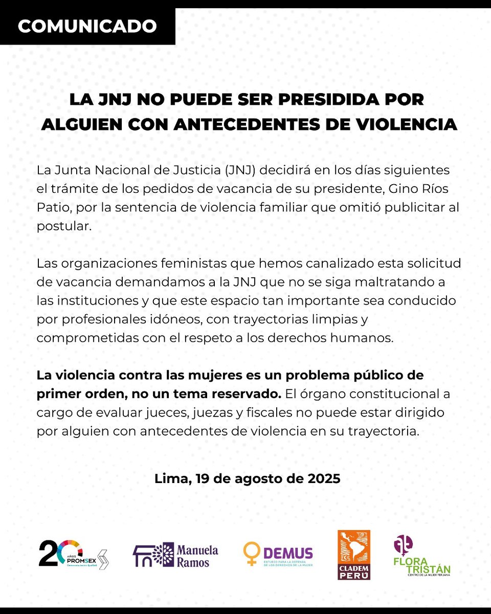La JNJ evaluará el trámite de vacancia de su presidente Gino Ríos Patio, por ocultar su sentencia por violencia familiar al postular. Exigimos una institución liderada por personas íntegras y comprometidas con los DDHH. No podemos normalizar la violencia en el sistema de justicia