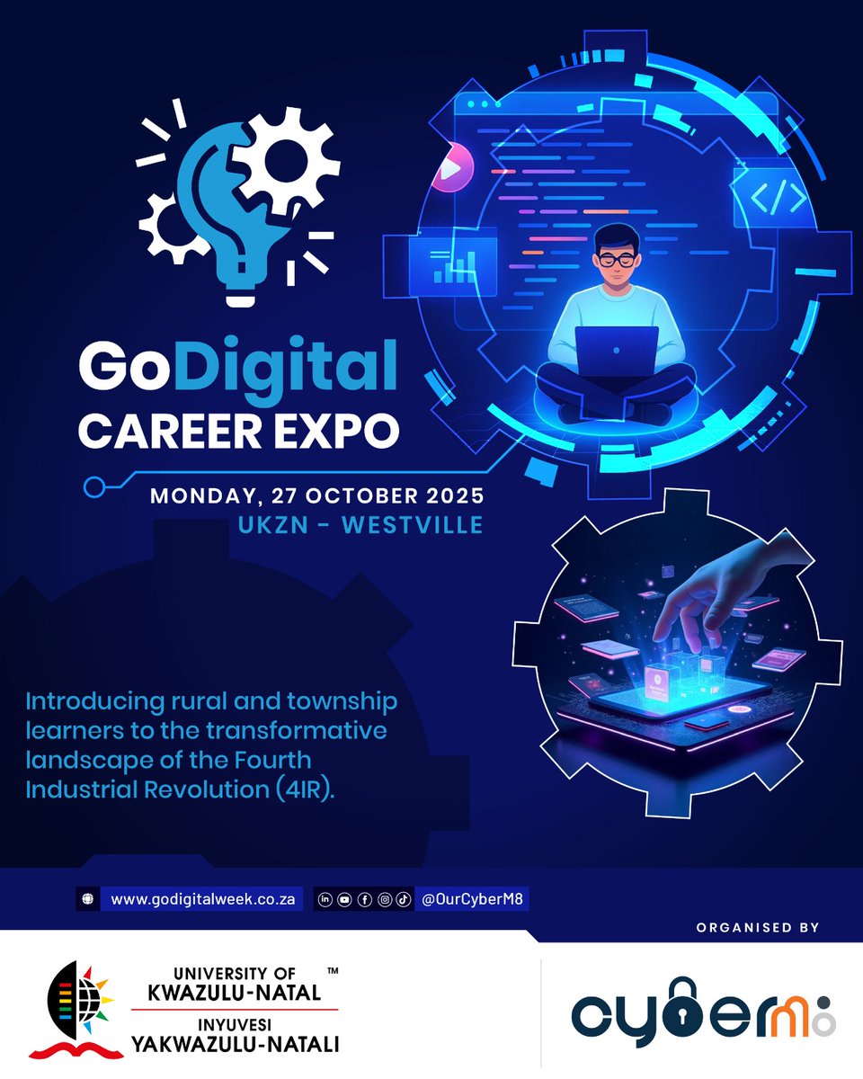 Join us at the GoDigital Career Expo on Monday, October 27, at UKZN Westville!
This is a great opportunity for students and professionals to network with industry experts, explore digital career paths, and gain insights into the latest tech trends.

#GoDigitalCareerExpo #UKZN