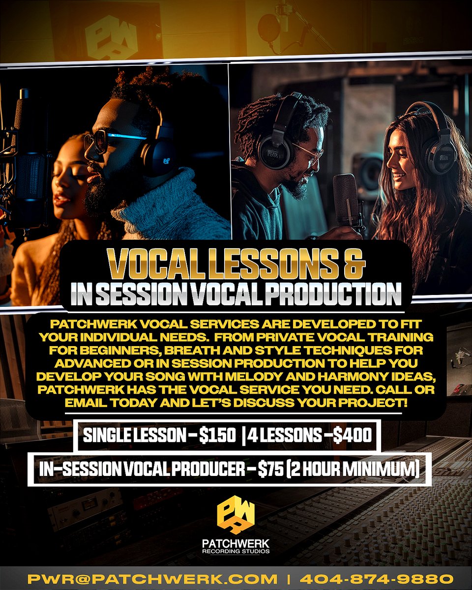 Sound better. Feel better. Perform better. Hit us up and we’ll work on your vocals the right way. #PatchwerkStudio

patchwerk.com/index.php/stud…
