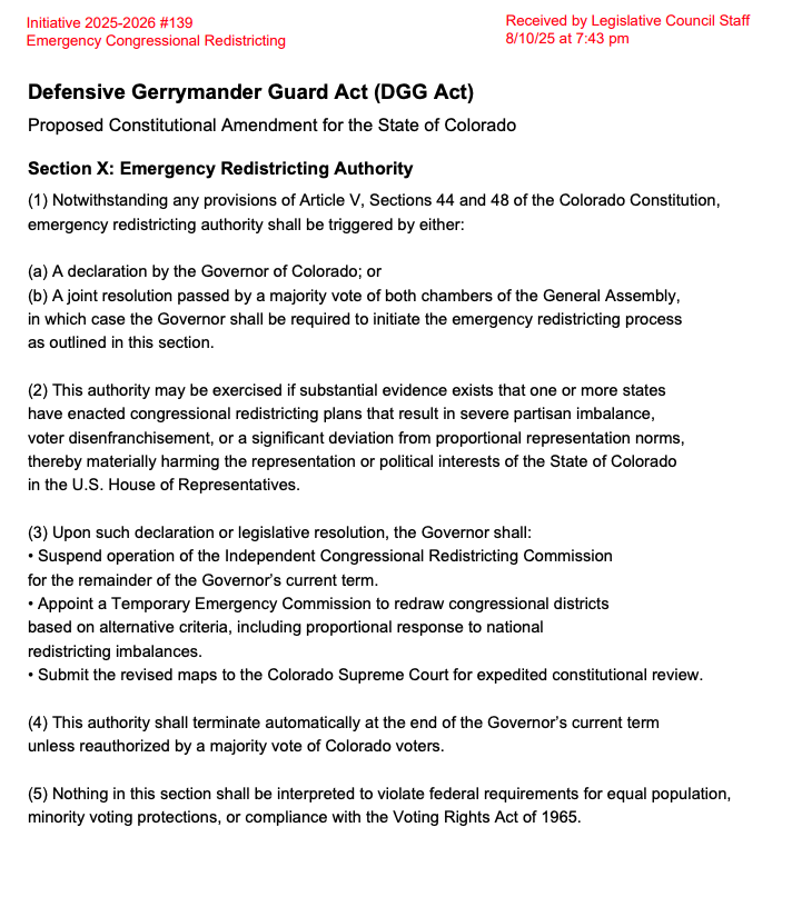 #NEW: An initiative has been filed to allow Colorado’s governor to suspend the state’s independent redistricting commission and appoint a temporary body to redraw congressional districts in response to national redistricting imbalances.