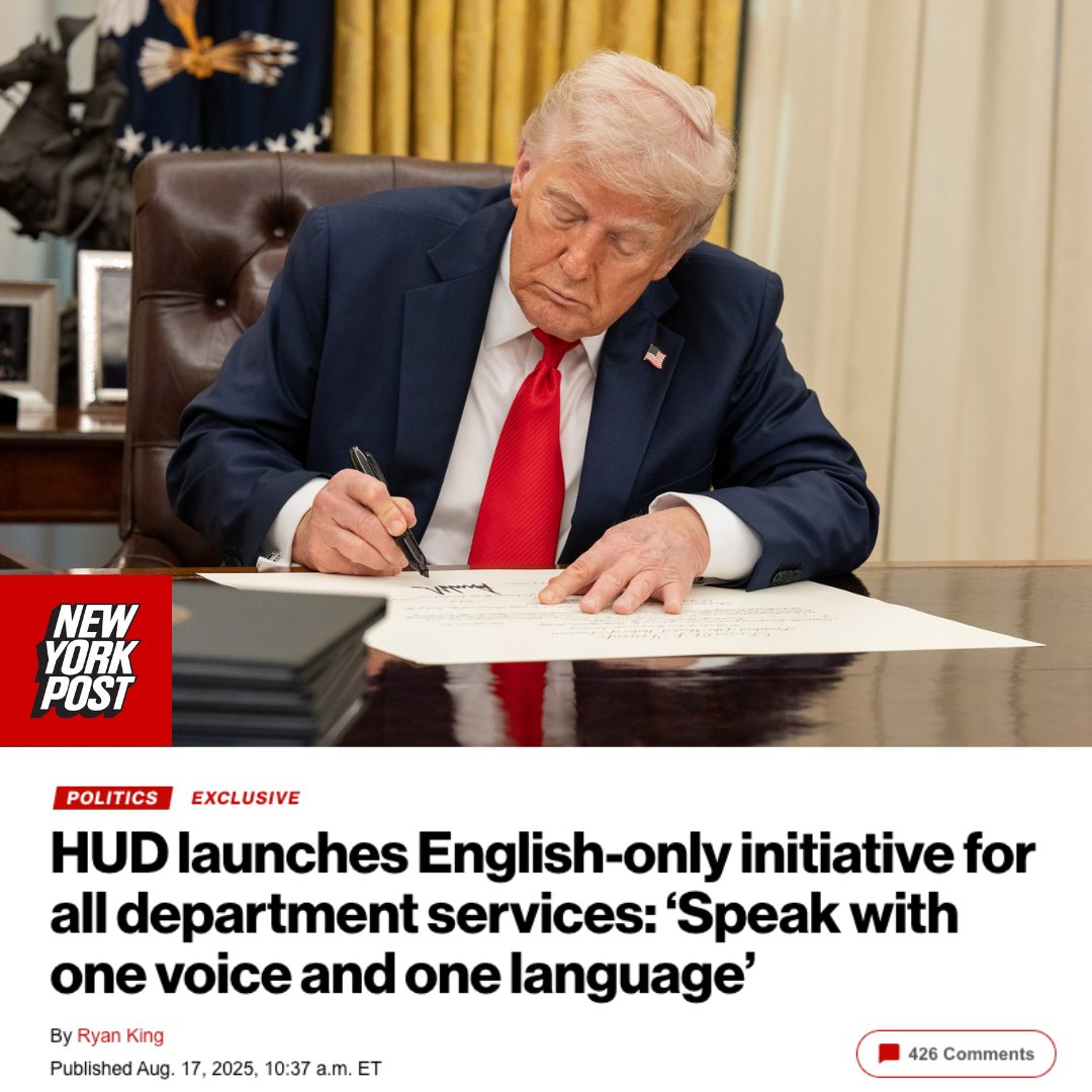 Scott Turner (@secretaryturner) on Twitter photo Following <a href="/POTUS/">President Donald J. Trump</a>โ Executive Order Designating English as the Official Language of The United States, HUD will solely use English for all Departmental business and services.
We are one people, united, and we will speak with one voice and one language to deliver on our mission. Following <a href="/POTUS/">President Donald J. Trump</a>โ Executive Order Designating English as the Official Language of The United States, HUD will solely use English for all Departmental business and services.
We are one people, united, and we will speak with one voice and one language to deliver on our mission.