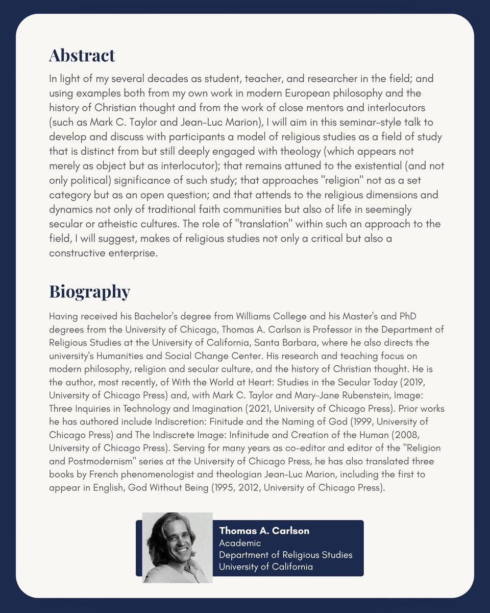 cer_uc's tweet image. Join us for an inspiring seminar with Thomas A. Carlson (University of California) on Questions of Translation Philosophy and Theology in the (Ongoing) Creation of Religious Studies.

📅 August 25th | 🕙 10:30 – 12:00
📍 Third floor, Faculty of Theology, PUC