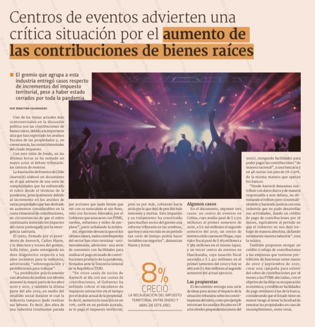 "Centros de eventos advierten una crítica situación en el sector por el aumento de las contribuciones de bienes raíces": te invitamos a leer la nota publicada por <a href="/DFinanciero/">Diario Financiero</a> donde se detallan algunos casos de incrementos del impuesto territorial. df.cl/economia-y-pol….