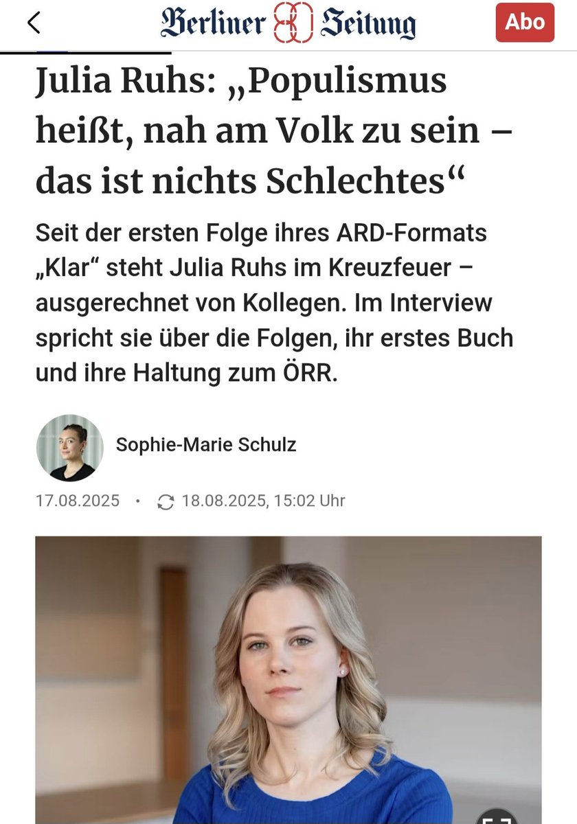 Julia Ruhs (@juliaruhs) on Twitter photo Auszug aus der <a href="/berlinerzeitung/">Berliner Zeitung</a>, heute mit einem Interview mit mir, zu meinem Buch 😉📚 Dort lest ihr, wie die Dominanz links-grüner Ansichten in den letzten Jahren mächtig Gegen-Frust provoziert hat. Und auch, warum ich den ÖRR niemals abschaffen würde 😁🔥 Auszug aus der <a href="/berlinerzeitung/">Berliner Zeitung</a>, heute mit einem Interview mit mir, zu meinem Buch 😉📚 Dort lest ihr, wie die Dominanz links-grüner Ansichten in den letzten Jahren mächtig Gegen-Frust provoziert hat. Und auch, warum ich den ÖRR niemals abschaffen würde 😁🔥