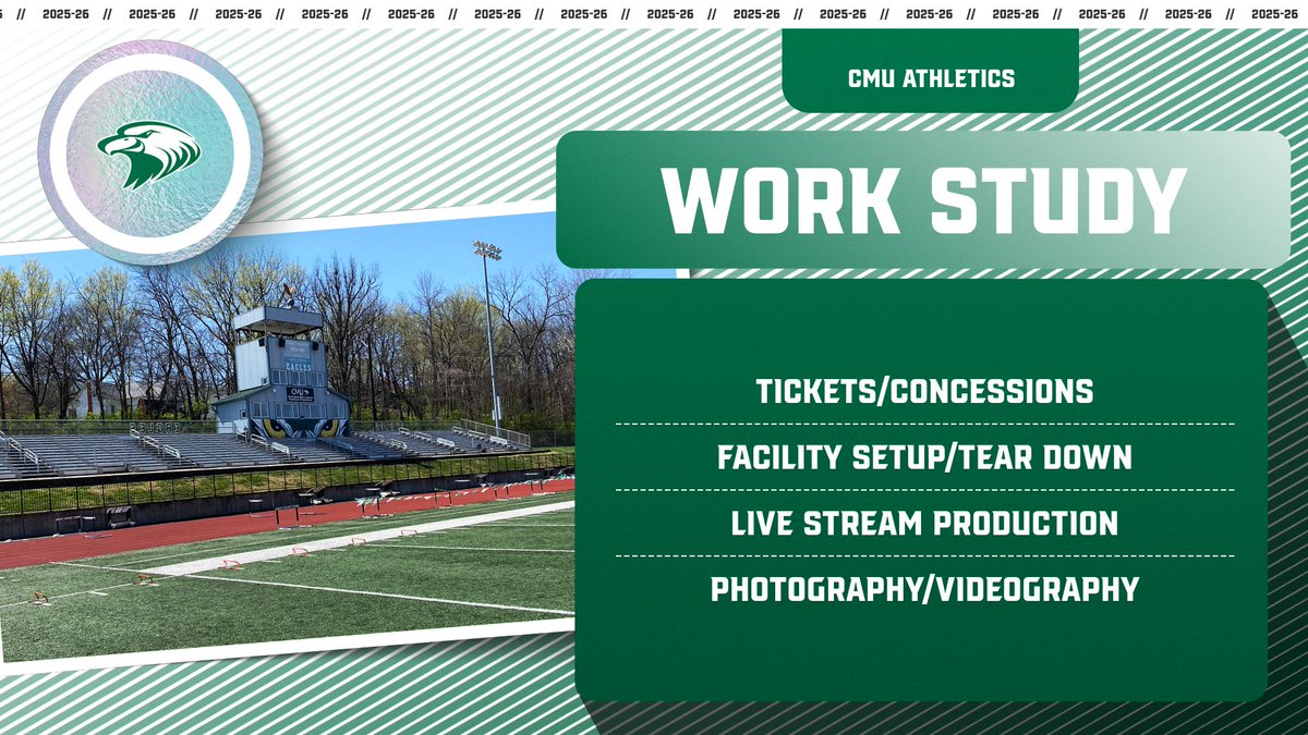CMU Athletics has work study opportunities available!  We encourage any interested students to get involved to help our athletics staff.  

Roles can include, but aren't limited to:

- Live Stream Production
- Photography 
- Tickets/Concessions

Visit Handshake to apply today!