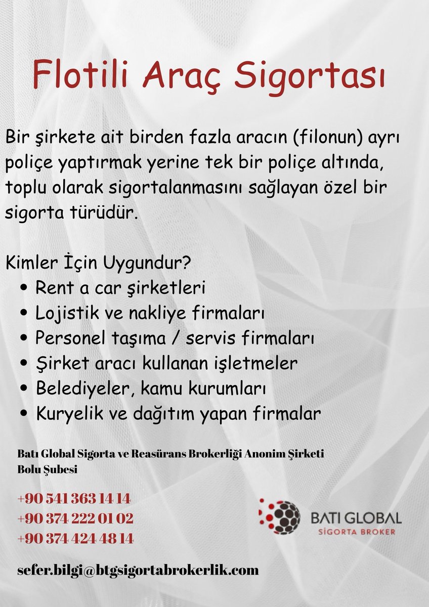 🚛🚗 Filo (Flotili) Araç Sigortası
Birden fazla aracı tek poliçede güvence altına alır. Şirket filoları için hem ekonomik hem de pratik çözümdür. ✅
btgsigortabrokerlik.com/urunlerimiz/Fl…

#batıglobal
#bolusigortamerkezi
#sigortası #flotili