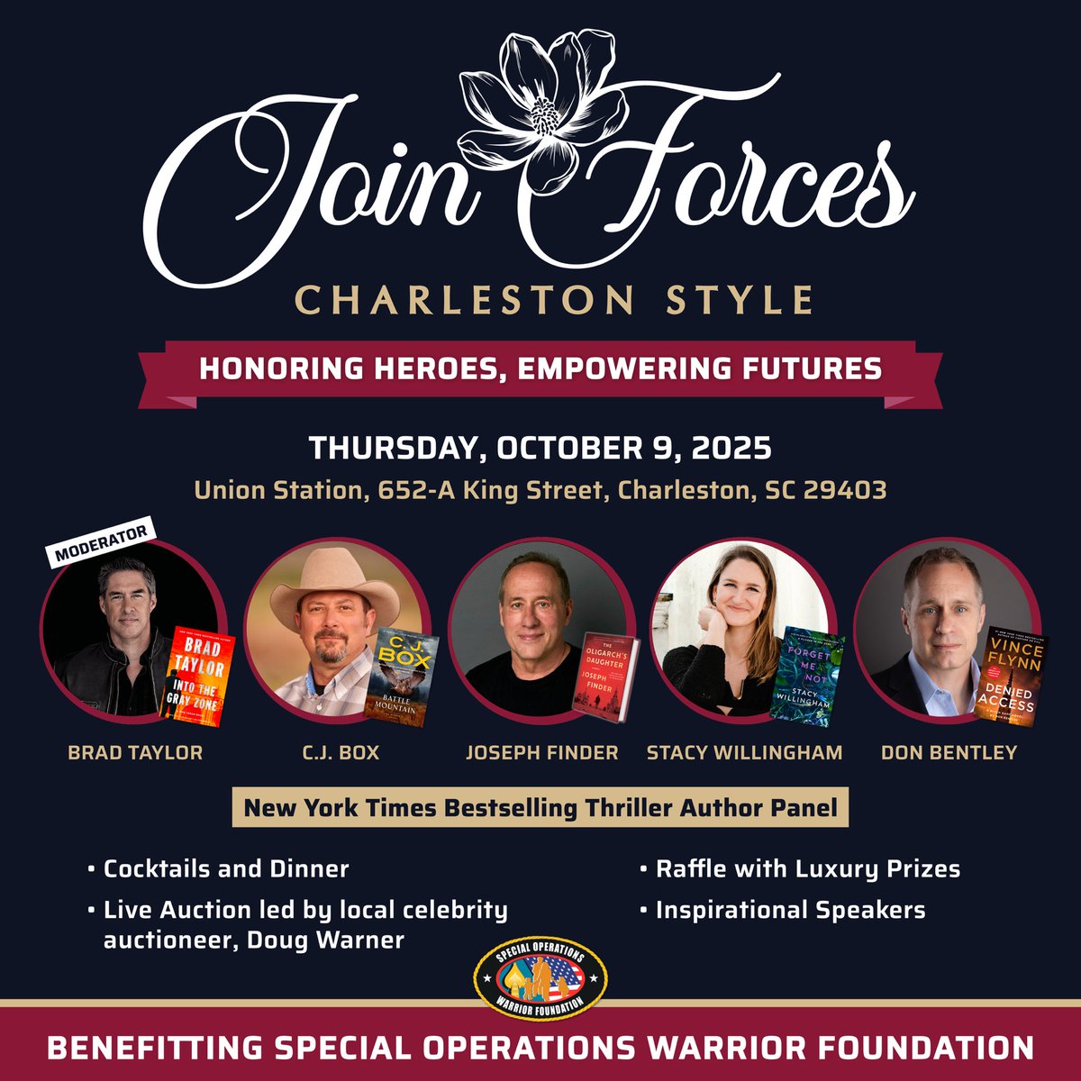 Brad Taylor Books (@bradtaylorbooks) on Twitter photo Join us for Join Forces Charleston Style on October 9th in support of <a href="/SOFWarriorFnd/">Special Operations Warrior Foundation</a>.
We are excited to have an all-star line-up of thriller writers including <a href="/cjboxauthor/">C.J. Box</a>, <a href="/bentleydonb/">Don Bentley</a>, <a href="/JoeFinder/">Joseph Finder</a> and <a href="/svwillingham/">Stacy Willingham</a>.
Click here for all the details: specialops.org/join-forces-ch… Join us for Join Forces Charleston Style on October 9th in support of <a href="/SOFWarriorFnd/">Special Operations Warrior Foundation</a>.
We are excited to have an all-star line-up of thriller writers including <a href="/cjboxauthor/">C.J. Box</a>, <a href="/bentleydonb/">Don Bentley</a>, <a href="/JoeFinder/">Joseph Finder</a> and <a href="/svwillingham/">Stacy Willingham</a>.
Click here for all the details: specialops.org/join-forces-ch…