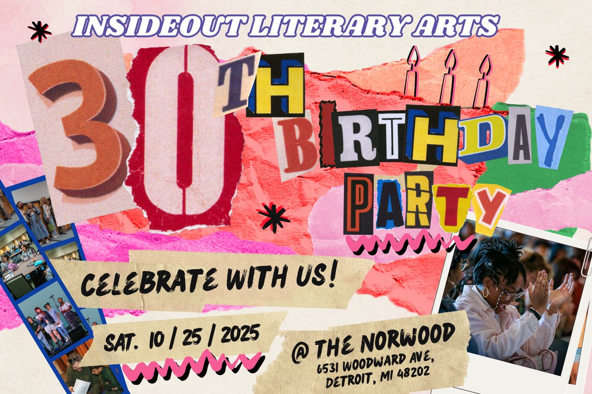 InsideOutDET's tweet image. EARLY BIRD tickets now available! InsideOut30th.eventbrite.com

On Sat, 10/25, step into a vibrant poetry portal for a one-of-a-kind 30th birthday party for InsideOut Literary Arts. 

Come celebrate and ensure the next generation of Detroit youth can create bravely, no matter what!