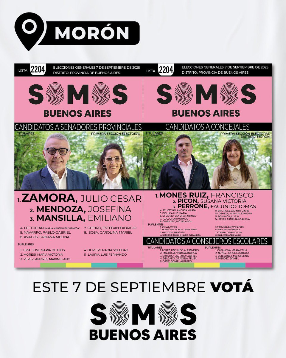 Este 7 de septiembre, pongamos Morón al servicio del vecino: seguridad, espacio público, servicios básicos. Dar vuelta las prioridades.

Francisco Mones Ruiz concejal
Julio Zamora senador