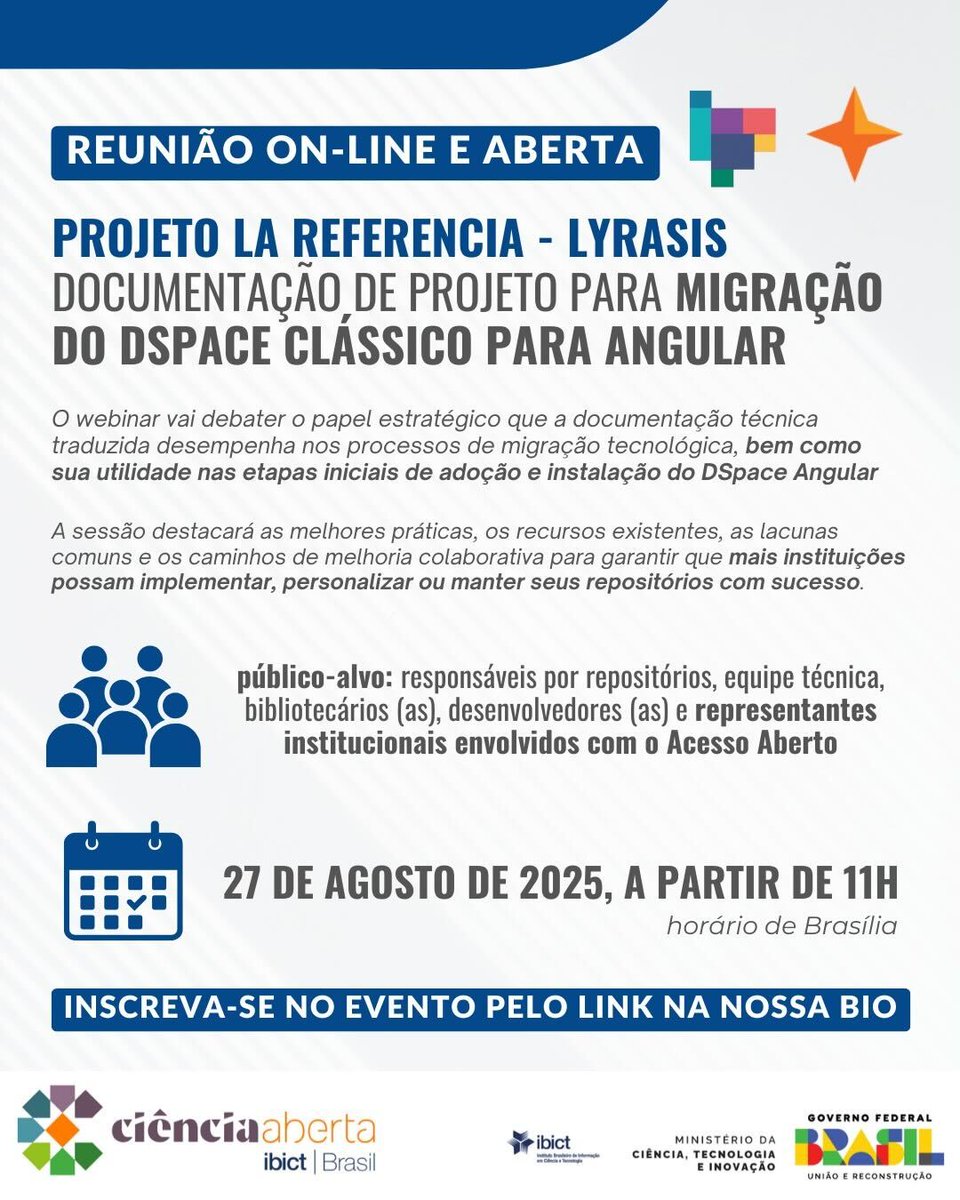 A documentação de projeto para migração do DSpace clássico para Angular será tema de webinar no dia 27 de agosto, a partir de 11h (horário de Brasília).
O evento é a quarta sessão do projeto <a href="/LAReferenciaAA/">LA Referencia</a> - <a href="/LYRASIS/">Lyrasis</a>.

🔗 Inscreva-se pelo link: redclara.zoom.us/meeting/regist…