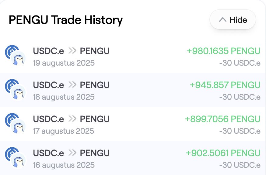 Day 25 of $30/day into $PENGU ✅

Not every chapter is green, but the story’s still bullish

Invested: $750
Value: $641
P&amp;L: -14.5%

Dips = discounts. 

Conviction = unchanged.