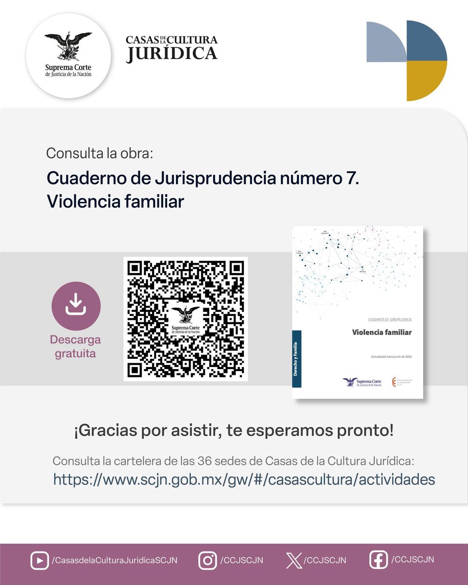 Casas de la Cultura Jurídica, SCJN (@ccjscjn) on Twitter photo #MartesDeDescargas
🔍 Consulta y descarga, de manera gratuita, la obra "Cuaderno de Jurisprudencia número 7. Violencia familiar" del <a href="/CEC_SCJN/">Centro de Estudios Constitucionales</a>
⬇️ sitios.scjn.gob.mx/cec/sites/defa…
#DescargaGratuita #MartesDeDescargas
🔍 Consulta y descarga, de manera gratuita, la obra "Cuaderno de Jurisprudencia número 7. Violencia familiar" del <a href="/CEC_SCJN/">Centro de Estudios Constitucionales</a>
⬇️ sitios.scjn.gob.mx/cec/sites/defa…
#DescargaGratuita