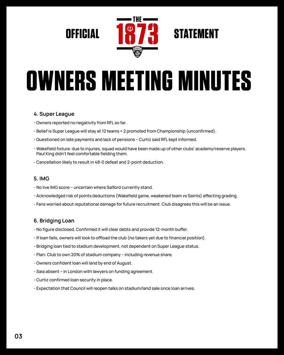 The1873_'s tweet image. Last night we met with the club’s owners.

As promised meeting notes published for transparency.

The next 10–14 days are critical and will define the clubs future. We will continue holding the owners to account and fighting for the truth. 

The 1873