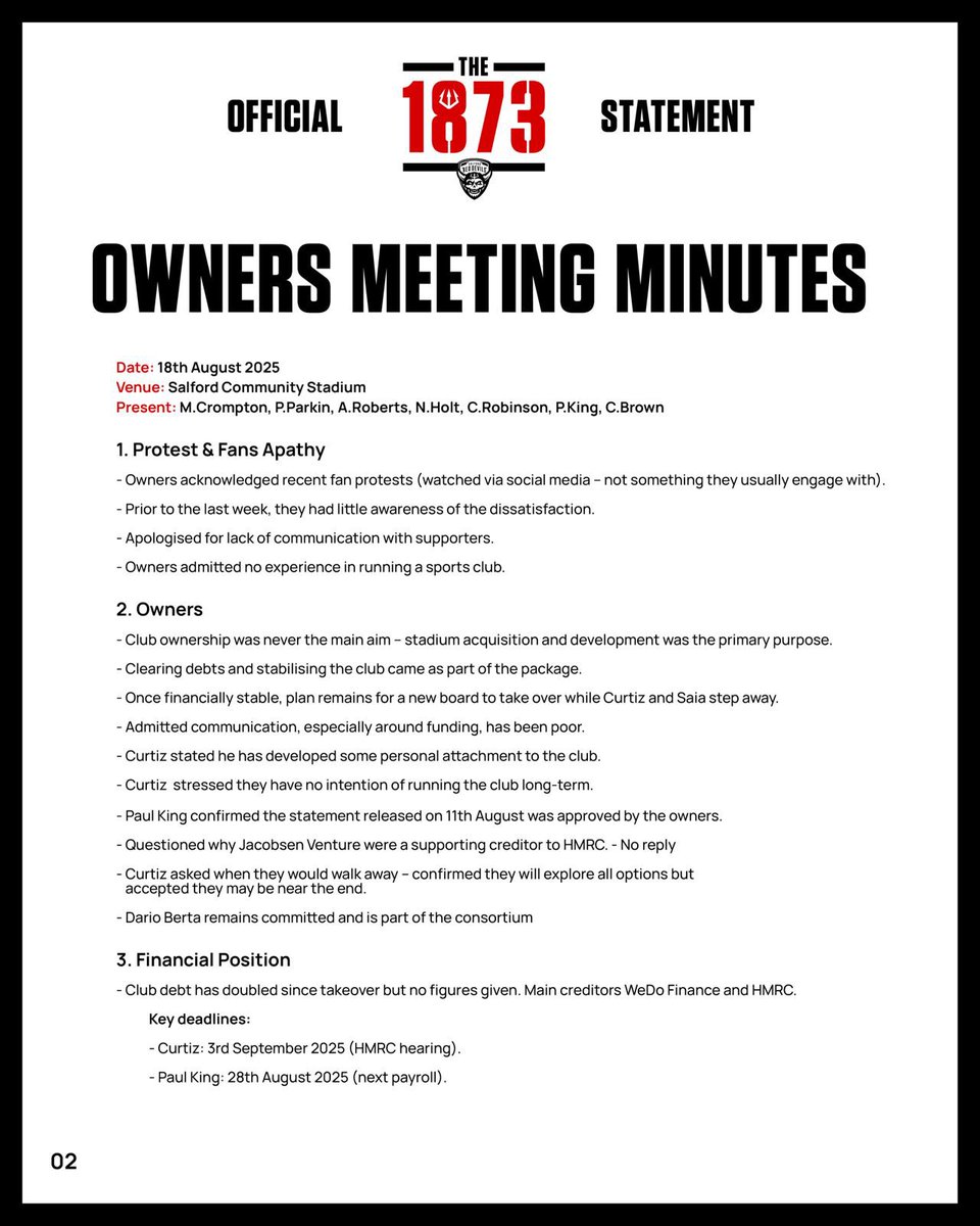 The1873_'s tweet image. Last night we met with the club’s owners.

As promised meeting notes published for transparency.

The next 10–14 days are critical and will define the clubs future. We will continue holding the owners to account and fighting for the truth. 

The 1873