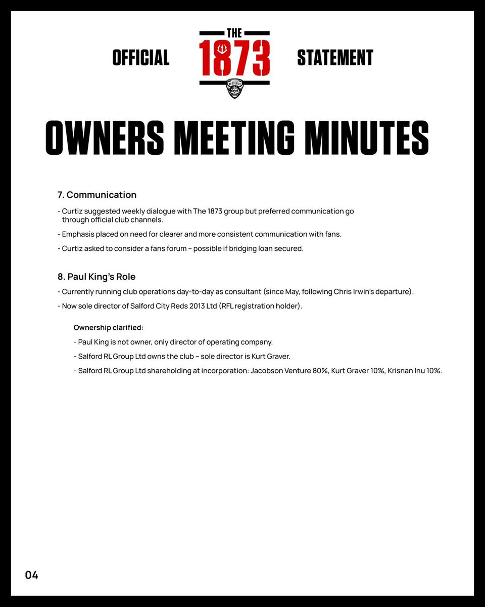 The1873_'s tweet image. Last night we met with the club’s owners.

As promised meeting notes published for transparency.

The next 10–14 days are critical and will define the clubs future. We will continue holding the owners to account and fighting for the truth. 

The 1873