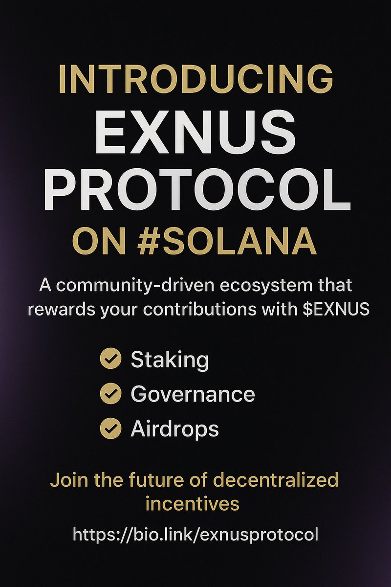 exnusprotocol's tweet image. 🚀 Introducing Exnus Protocol on #Solana 🌐✨
A community-driven ecosystem that rewards your contributions with $EXNUS.
✅ Staking
✅ Governance
✅ Airdrops
Join the future of decentralized incentives 👉 bio.link/exnusprotocol

#ExnusProtocol #DeFi #Web3