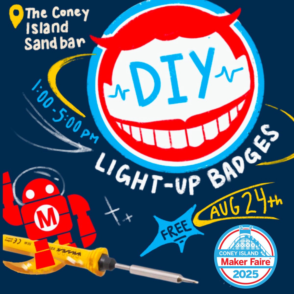 Soldering Day 2.0 is HAPPENING 🚨🚨

#FREE Soldering Lessons for all ages — LED pins in 15 minutes! 

1-5 pm Friday, August 1st 

1904 Surf Ave: Q/N/D/F B36, B64, B68, B74, B82 to Stillwell Ave

Sponsor: <a href="/PCBWayOfficial/">PCBWay</a>