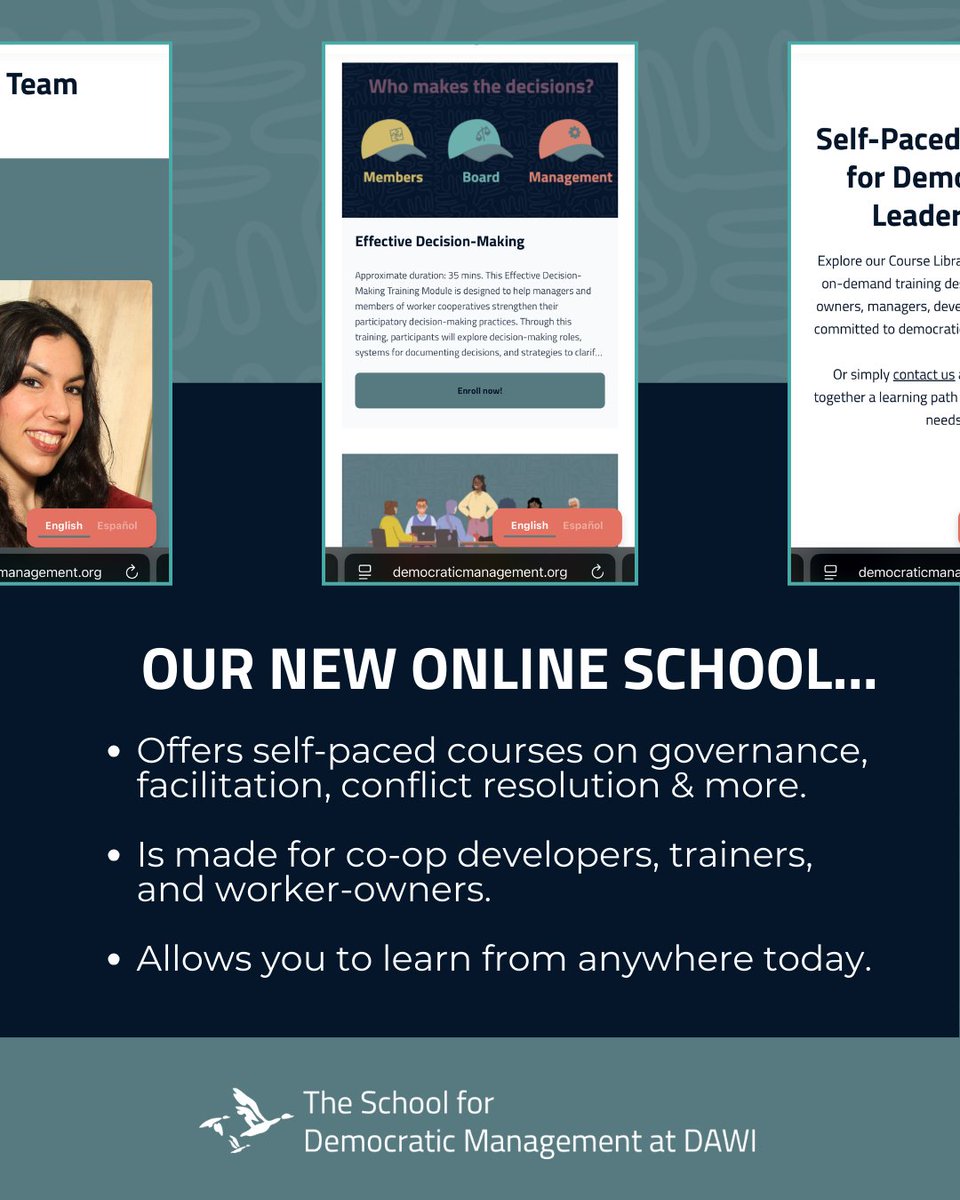 The Democracy at Work Institute (@wearedawi) on Twitter photo With self-paced courses in governance, facilitation, conflict resolution, and more, you can learn from anywhere, at your own pace, while building skills to strengthen your cooperative’s success.
Learn more and check it out today! democraticmanagement.org With self-paced courses in governance, facilitation, conflict resolution, and more, you can learn from anywhere, at your own pace, while building skills to strengthen your cooperative’s success.
Learn more and check it out today! democraticmanagement.org