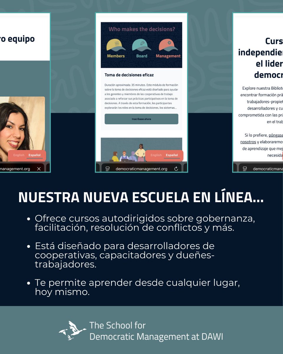 The Democracy at Work Institute (@wearedawi) on Twitter photo Con cursos autodirigidos en gobernanza, facilitación, resolución de conflictos y más, puedes aprender desde cualquier lugar y a tu propio ritmo, a la vez que desarrollas habilidades para fortalecer el éxito de tu cooperativa.
¡Conócela y chequéala hoy! democraticmanagement.org Con cursos autodirigidos en gobernanza, facilitación, resolución de conflictos y más, puedes aprender desde cualquier lugar y a tu propio ritmo, a la vez que desarrollas habilidades para fortalecer el éxito de tu cooperativa.
¡Conócela y chequéala hoy! democraticmanagement.org