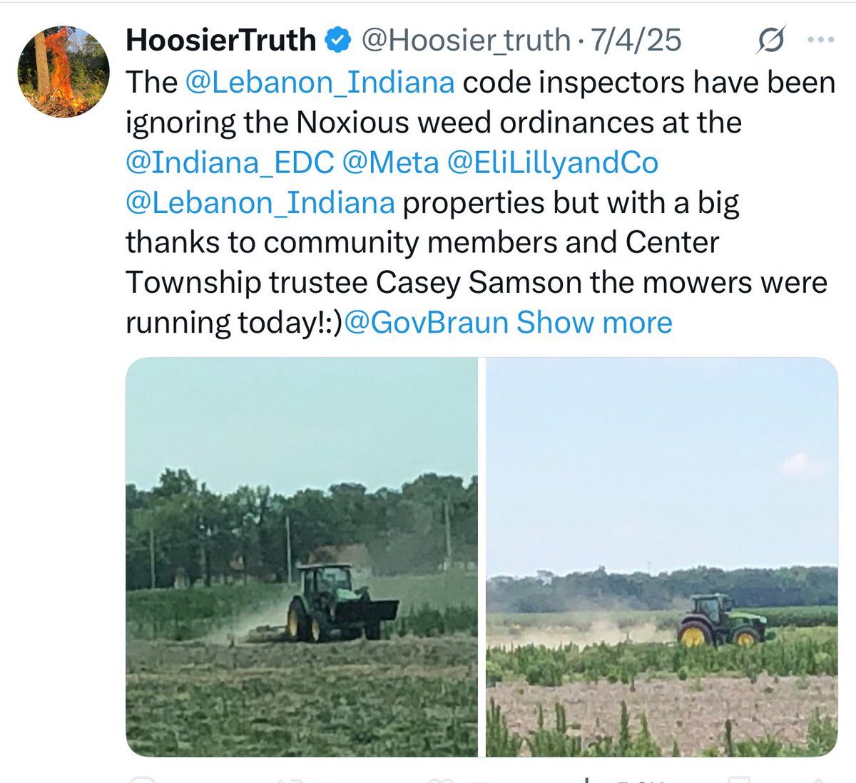 mtgent's tweet image. Lil’ Buddy (@Hoosier_truth) cracks me up. He obsessed over weeds in a field for more than a week. Then owner has a farmer kill the weeds with weed killer. Now, he is obsessing about the dead weeds. I’m starting to think he is just looking for reasons to be outraged. 🤔