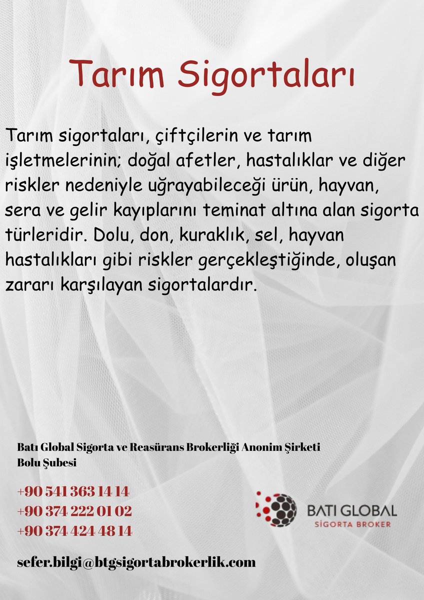 🌾 Tarım Sigortaları
Tarlalarınızı, ürünlerinizi ve hayvanlarınızı doğal afetler ve beklenmedik risklere karşı güvence altına alır. ✅

btgsigortabrokerlik.com/urunlerimiz/Ta…

#batıglobal
#bolusigortamerkezi
#tarımsigortası