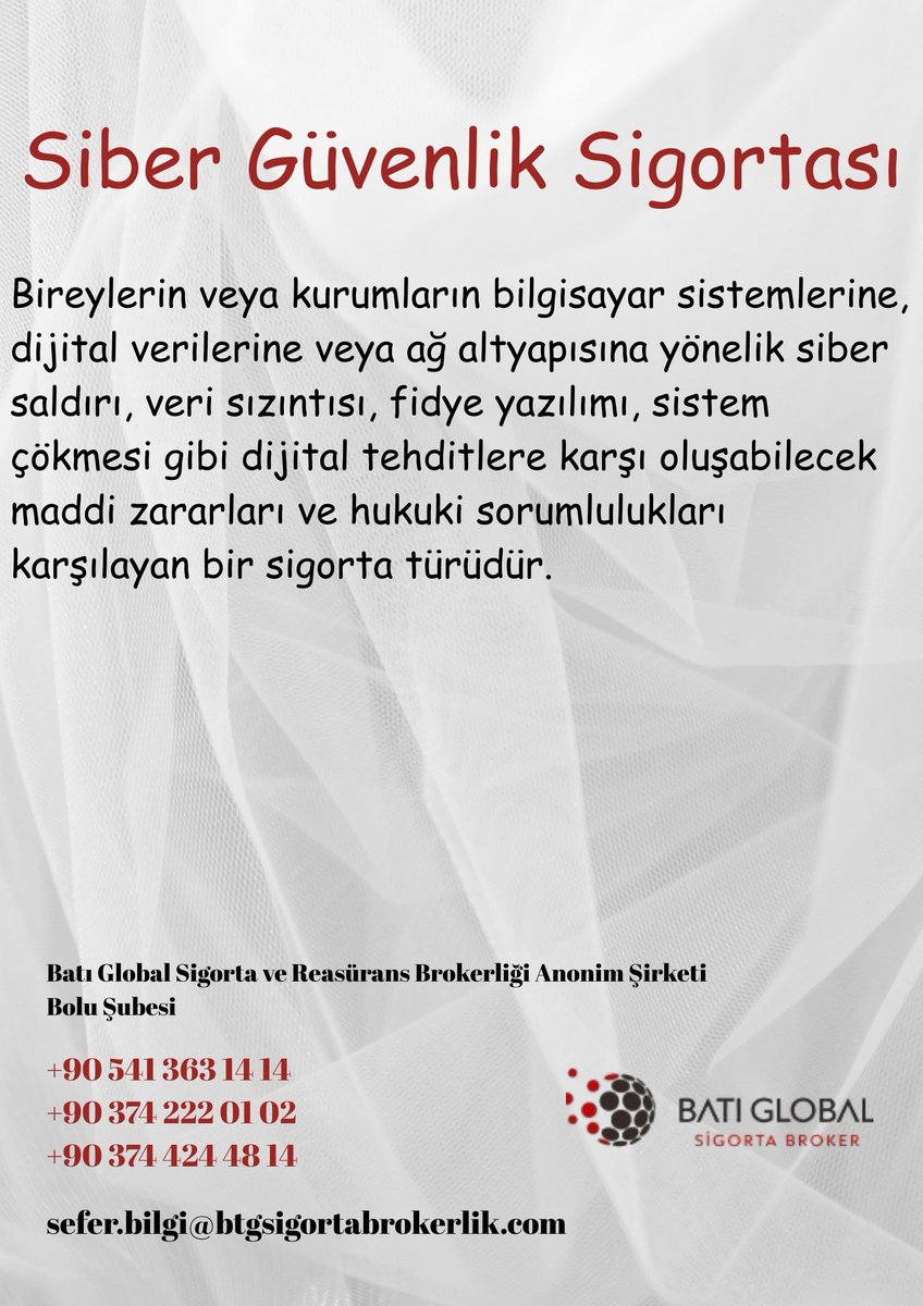 💻🛡️ Siber Güvenlik Sigortası
Şirketinizi siber saldırılar, veri ihlalleri ve dijital zararlar karşısında güvence altına alır. ✅

btgsigortabrokerlik.com/urunlerimiz/Si…

#batıglobal
#bolusigortamerkezi
#sigortası #sibersaldırı