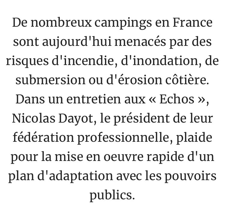 Risques climatiques : 2 000 campings 🏕️ menacés en France 🌍🔥🌊  Incendies, inondations, submersion, érosion côtière… L’HPA se trouve en première ligne face aux effets du réchauffement climatique ! lesechos.fr/industrie-serv… <a href="/n_delattre/">Nathalie Delattre</a> <a href="/AgnesRunacher/">Agnès Pannier-Runacher 🇫🇷🇪🇺</a> #PNACC
