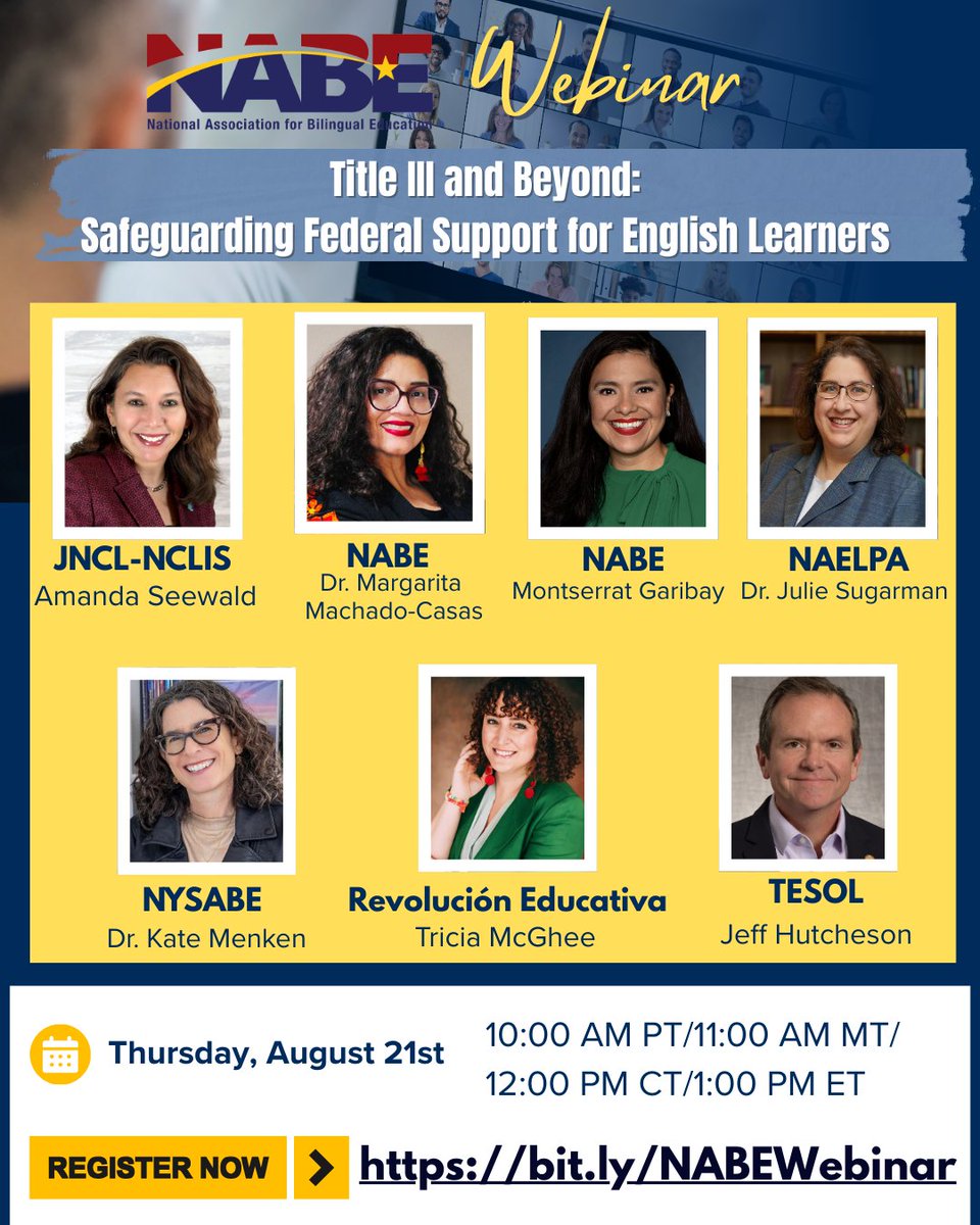 📢 Join us for an important webinar!
Title III and Beyond: Safeguarding Federal Support for English Learners

📅 Thursday, August 21st
🕙 10 AM PT | 11 AM MT | 12 PM CT | 1 PM ET

Hear from national leaders and advocates as they discuss federal funding, policies, and the fight to