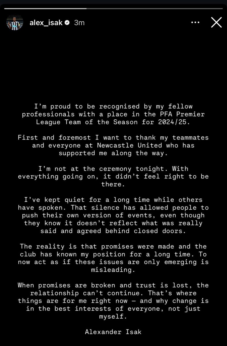 NUSCuk's tweet image. 🚨 Statement from Alexander Isak #NUFC