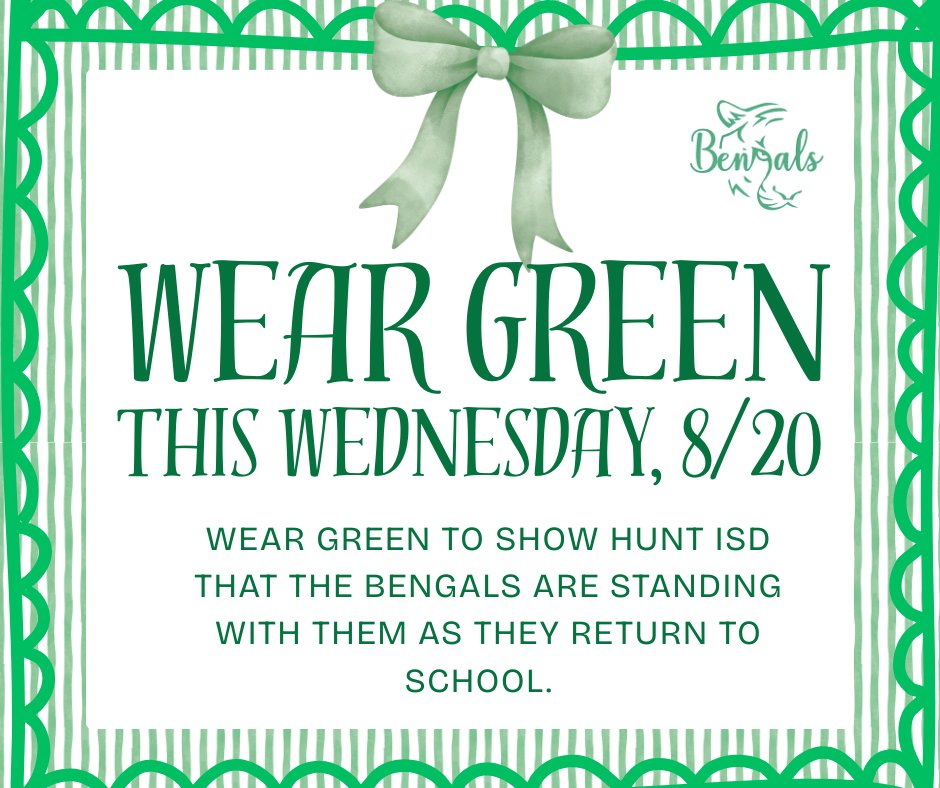salyardsms's tweet photo. This Wednesday, we're asking all Bengal students and staff to wear green in support of Hunt ISD as they return to school after the devastating 4th of July floods in Texas. Let's show our Bengal support! 
#WeAreSalyards #BengalPride #BengalsBelieve https://t.co/51Tbm1YZ6z
