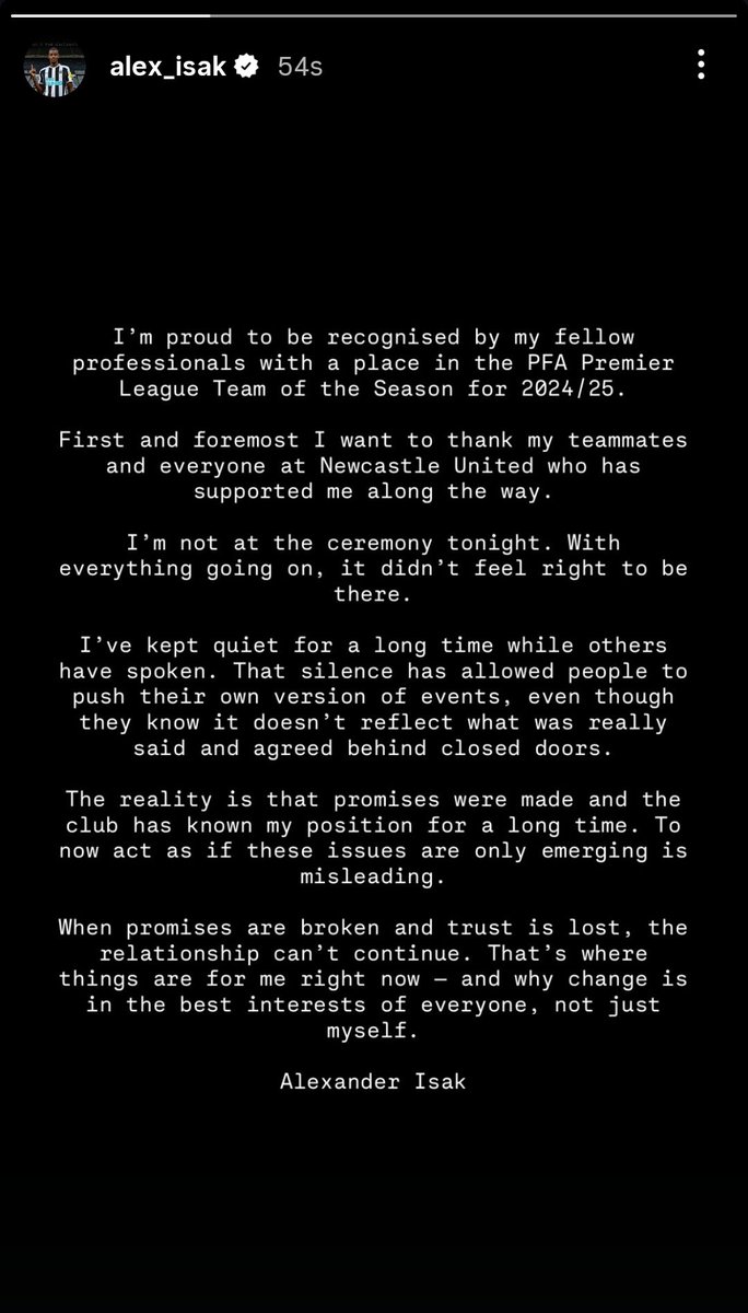 🚨 𝗕𝗥𝗘𝗔𝗞𝗜𝗡𝗚: Alexander Isak releases a statement.