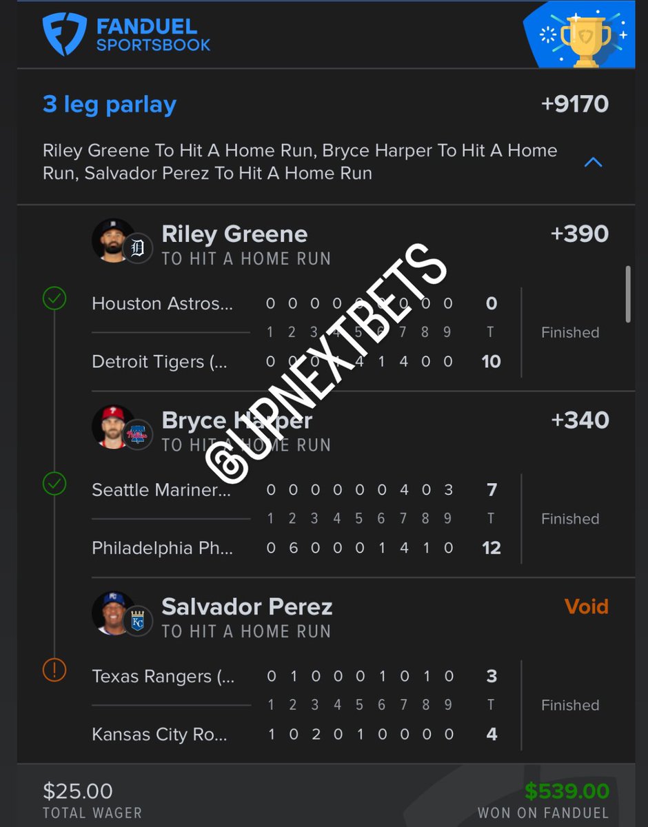upnextbets's tweet photo. Yesterday was a bankroll builder day. 💰

Harper HR (+340) ✅ 

Greene HR (+390) ✅

When the batters meet the criteria, take them!! Shoutout to the community that tailed.

@UpNextBets on fire 🔥
#MLBParlays #SportsPicks #GamblingTwitter #MLBBets #ParlayHits #GamblingX https://t.co/vrWRgnH5PX
