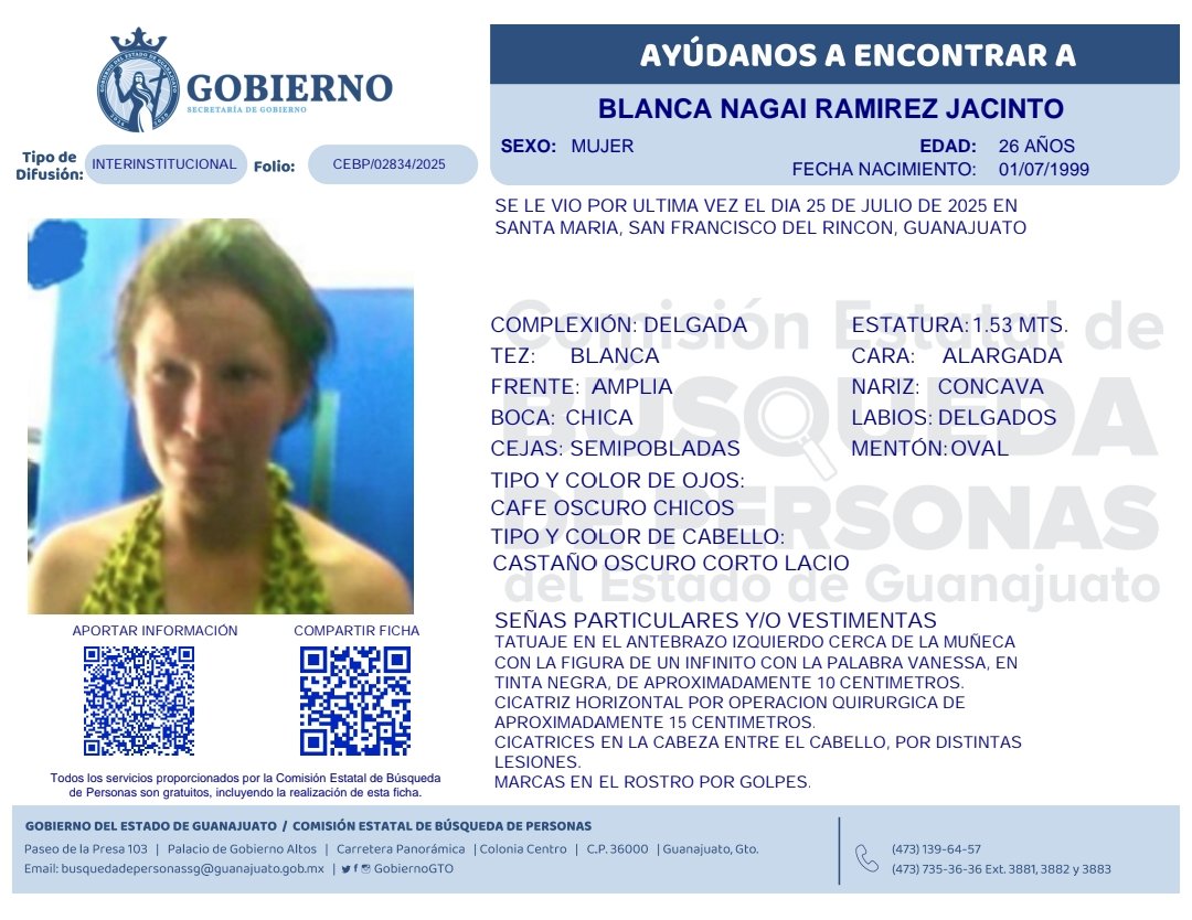 🔍👤 ¿La has visto?
Tu apoyo puede marcar la diferencia. 
Si tienes algún dato que ayude a localizar a Josefina, compártelo con nosotros. Cada información suma. 
📞 473 735 3636 ext. 3881 | 473 139 6457.
#BúsquedasGto 🚨