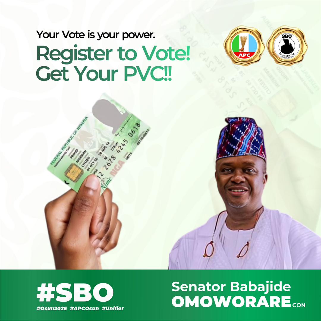Your Vote is your power, voters registration has started online. 

Register to Vote!
Get your PVC!!
Cast your votes on election day!!!

Click the link below to start the process. 

cvr.inecnigeria.org 

Osun 2026 on my mind.

Let's make Nigeria Great together.