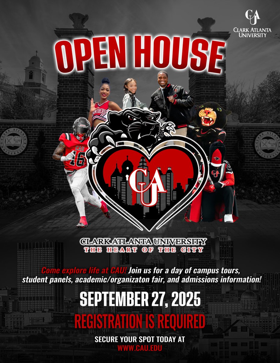 CAU's tweet photo. ✨ Come experience life at CAU! ✨
Join us on Saturday, September 27, 2025 for a full day of campus tours, student panels, an academic &amp; organization fair, and admissions info. 🐾🎓

#CAU #ClarkAtlanta #FindaWayOrMakeOne https://t.co/wFwQyeAtqB