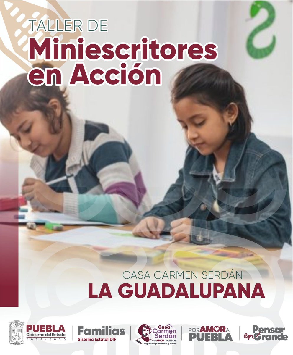 ✏️📖 Taller: Miniescritores en Acción.
📅 Miércoles 20 de agosto
🕙 Horario: 10:00 a 11:30 AM
👧👦 Público: Niñas y niños

📍 Lugar: Casa Carmen Serdán, La Guadalupana

maps.app.goo.gl/TZ1dGUE79ANq7K…

#PorAmorAPuebla #EscrituraCreativa #Infancia