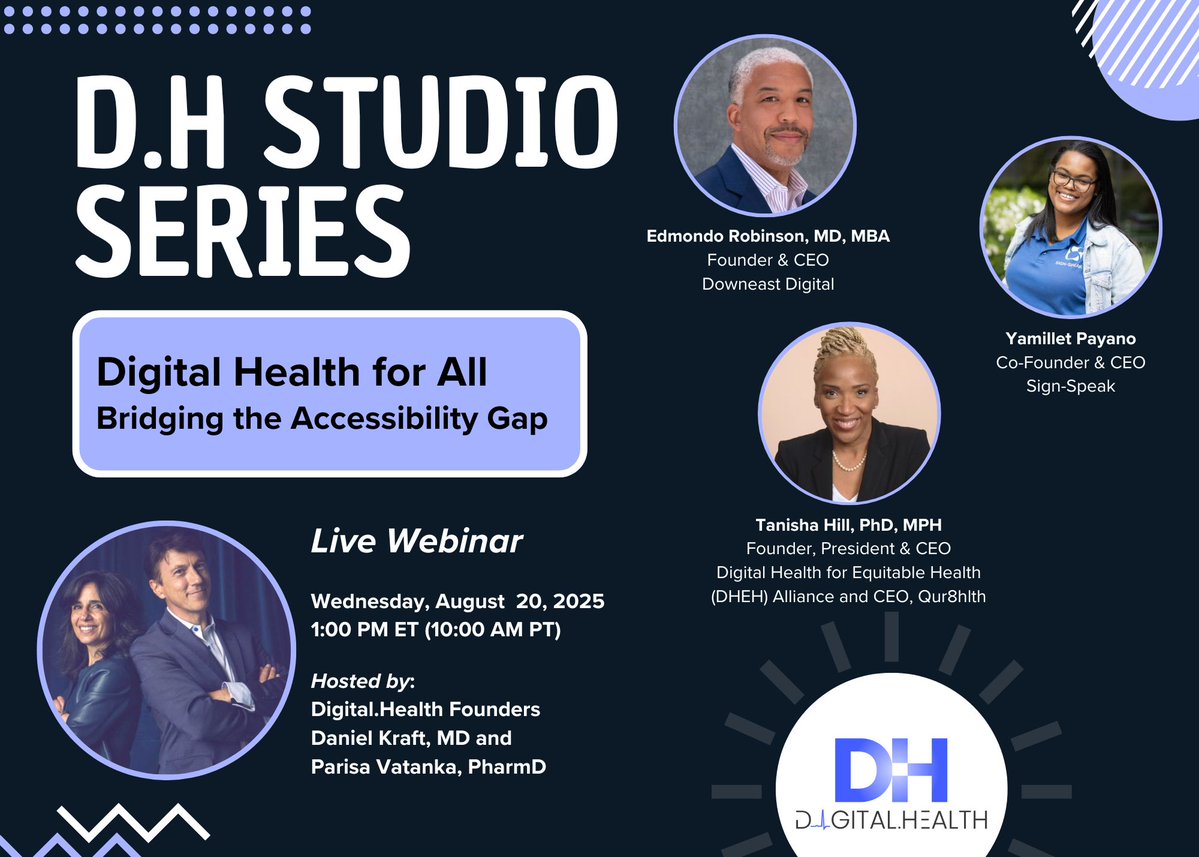 Daniel Kraft, MD (@daniel_kraft) on Twitter photo Digital health should work for everyone.
I'm excited to co-host our Digital.Health Studio Series: #DigitalHealth for All – Bridging the Accessibility Gap
📅Wed |1pm EDT / 10am PDT
With <a href="/EdmondoRobinson/">Edmondo Robinson</a>, <a href="/TanishaDHill1/">Tanisha D. Hill</a> & <a href="/Sign_Speak_/">Sign-Speak</a>
Register us06web.zoom.us/webinar/regist… Digital health should work for everyone.
I'm excited to co-host our Digital.Health Studio Series: #DigitalHealth for All – Bridging the Accessibility Gap
📅Wed |1pm EDT / 10am PDT
With <a href="/EdmondoRobinson/">Edmondo Robinson</a>, <a href="/TanishaDHill1/">Tanisha D. Hill</a> & <a href="/Sign_Speak_/">Sign-Speak</a>
Register us06web.zoom.us/webinar/regist…