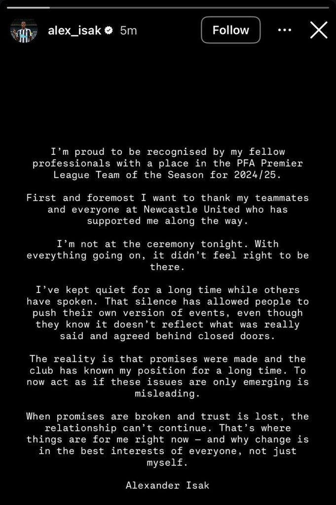 Alexander Isak - Statement 📃 

Got to say this is ridiculous for a man on a £120k contract for the next three years

Isak’s reputation is in tatters and he’s a massive shithouse imo 

Thoughts 💭