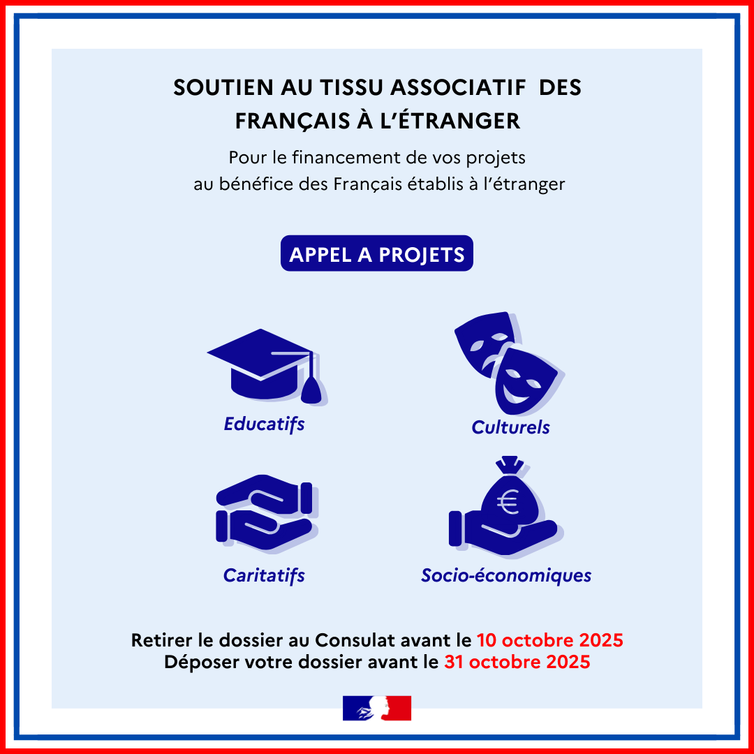 📢Avis aux associations des Français à l’étranger : les dossiers de demande de subvention STAFE 2026 sont à retirer au Consulat avant le 10/10 2025.
📌Date limite pour déposer votre dossier : 31 octobre 2025.
👉Plus d'informations sur le dispositif STAFE : bit.ly/4oOjx6g