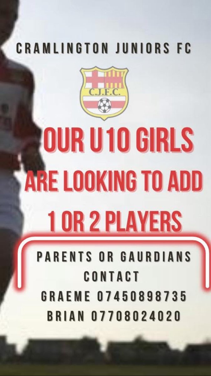 Our U10 girls are looking to add 1 or 2 players.  Parents or guardians to contact Graeme on 07450 898735
