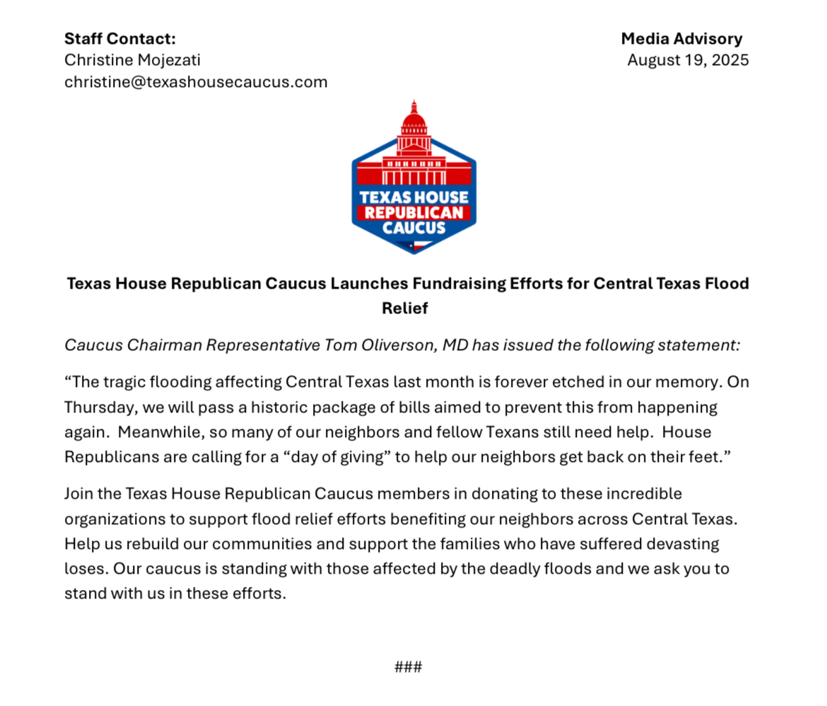 Texas House Republican Caucus Launches Fundraising Efforts for Central Texas Flood Relief- Donate Now! texashousecaucus.com/lead-collection