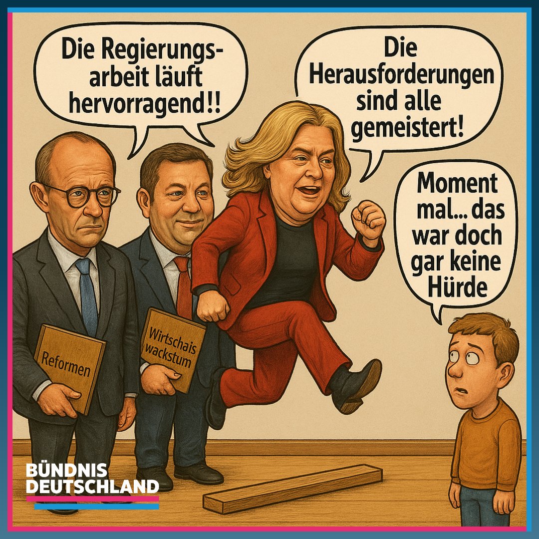 „Während die Regierung sich für Sprünge über Holzlatten feiert, stolpert das Land über echte Probleme: Wirtschaft, Migration, Sicherheit. Aber klar – Hauptsache die Eigen-PR stimmt. 😡 #Politikversagen #Merz #Klingbeil #BärbelBas“